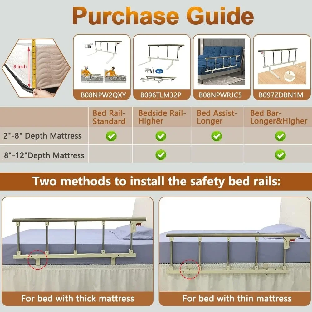 Bed Side Rails Guard for Elderly Adults Seniors Assist Rail, Safety Bed Cane Railings Fold Down Handle, Handicap Medical Support