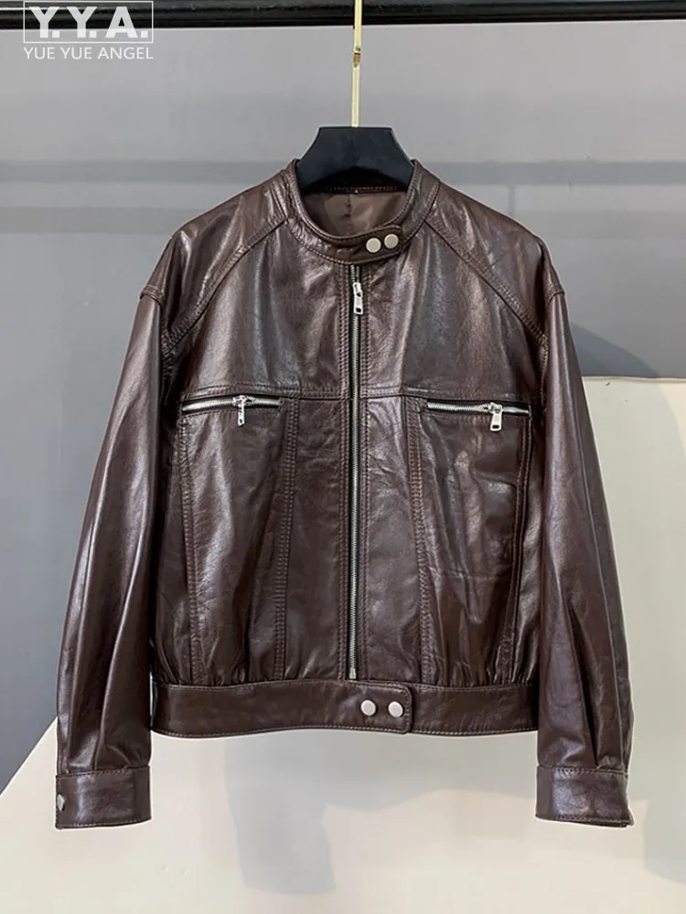 Vintage Fashion Women Loose Zipper Oil Wax Cowhide Genuine Leather Short Coat Stand Collar Jacket Pocket Elegant Casual Female