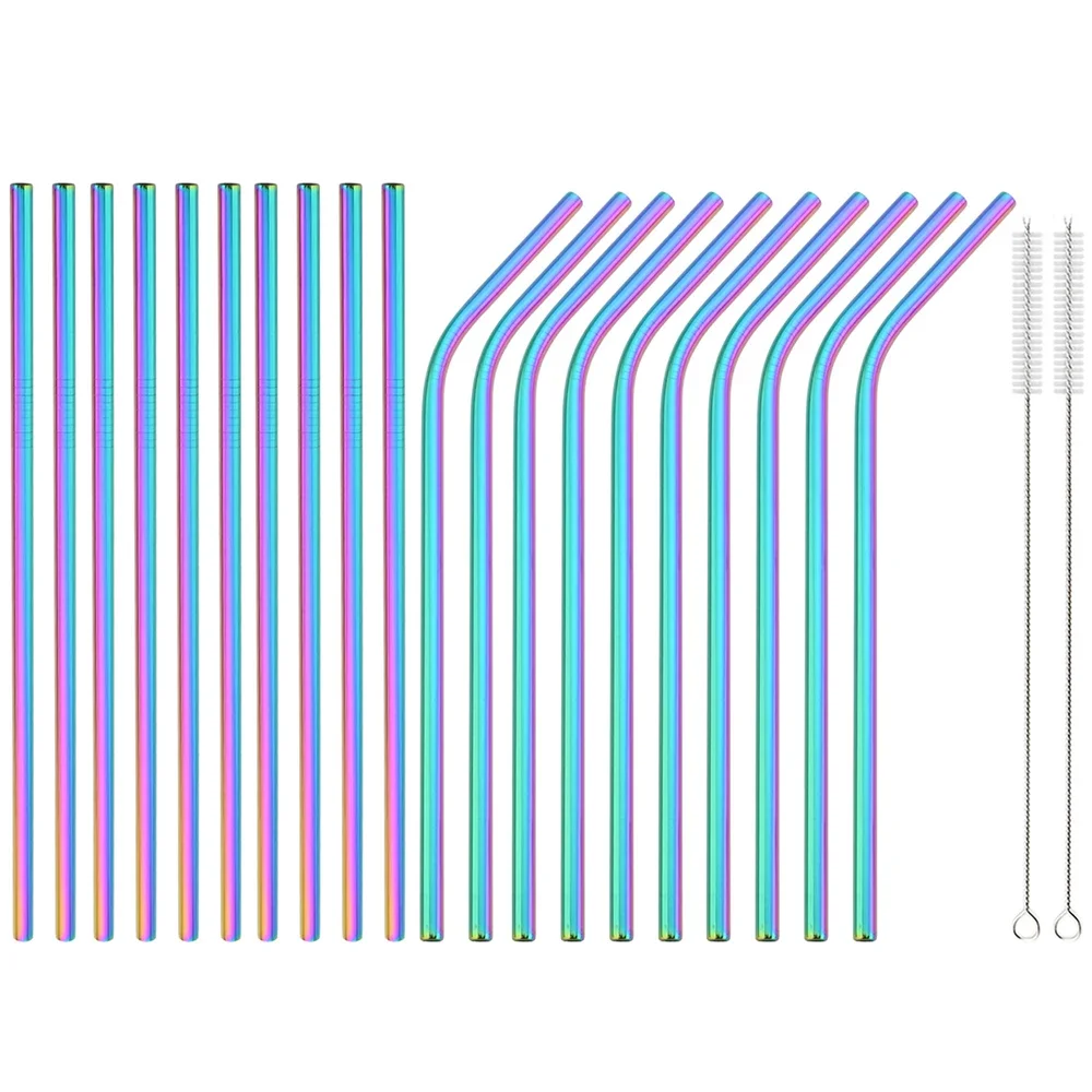 20Pcs Colorful Reusable Metal Straws Set with Cleaner Brush Stainless Steel Drinking Straw Milk Drinkware Bar Party Accessory