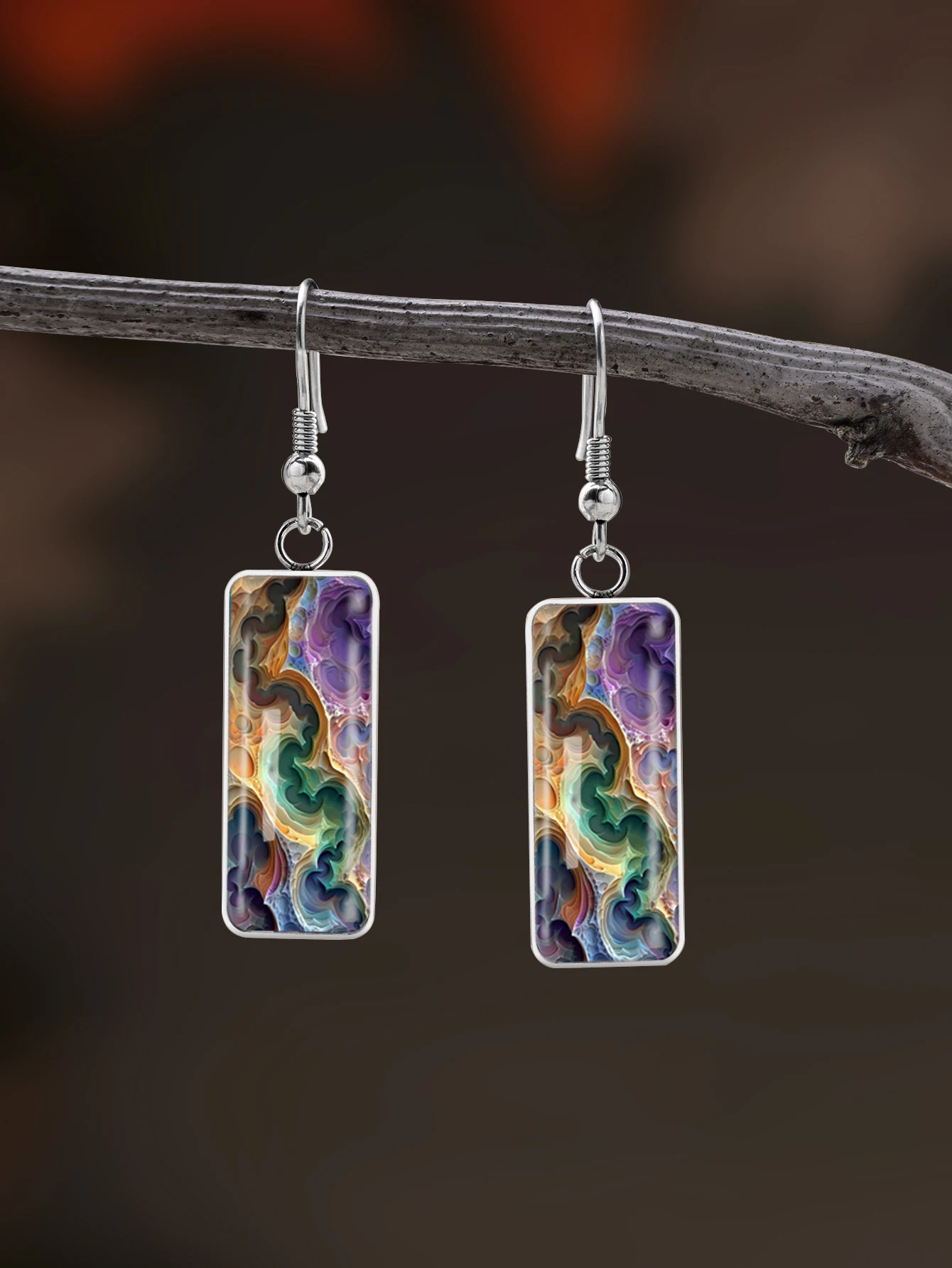 1 Pair of Colorful Quicksand Pattern Earrings with Convex Glass and 316 Stainless Steel Long Hooks, in a Retro and Simple Style, Suitable for Women for Everyday Gift-Giving and Wearing, Jewelry Earrings That Are Elegant and Simple in Style, Suitable for Women to Wear on a Daily Basis or during Vacations