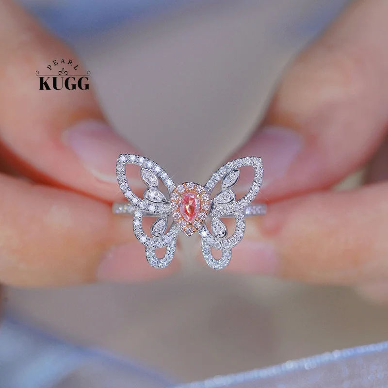 KUGG 100% 18K White Gold Rings Elegant Butterfly Shape Real Natural Pink Diamond Engagement Ring for Women High Party Jewelry