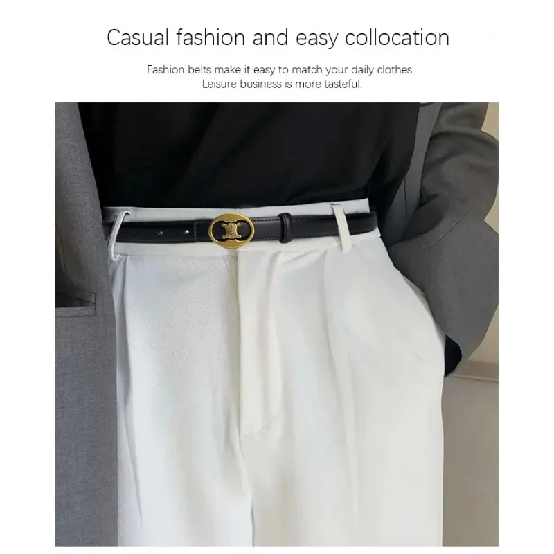 Women's Belt Versatile Retro Bronze Buckle Cowhide Thin Belt 2.3 Simple and Elegant Decorative Dress Suit Apparel Accessories