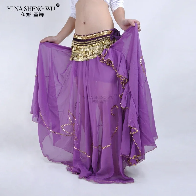 11 Color Sequins Pattern Single Slit Belly Dancing Long Skirt Women Belly Dance Costume Skirt Elastic Waist Performance Wear