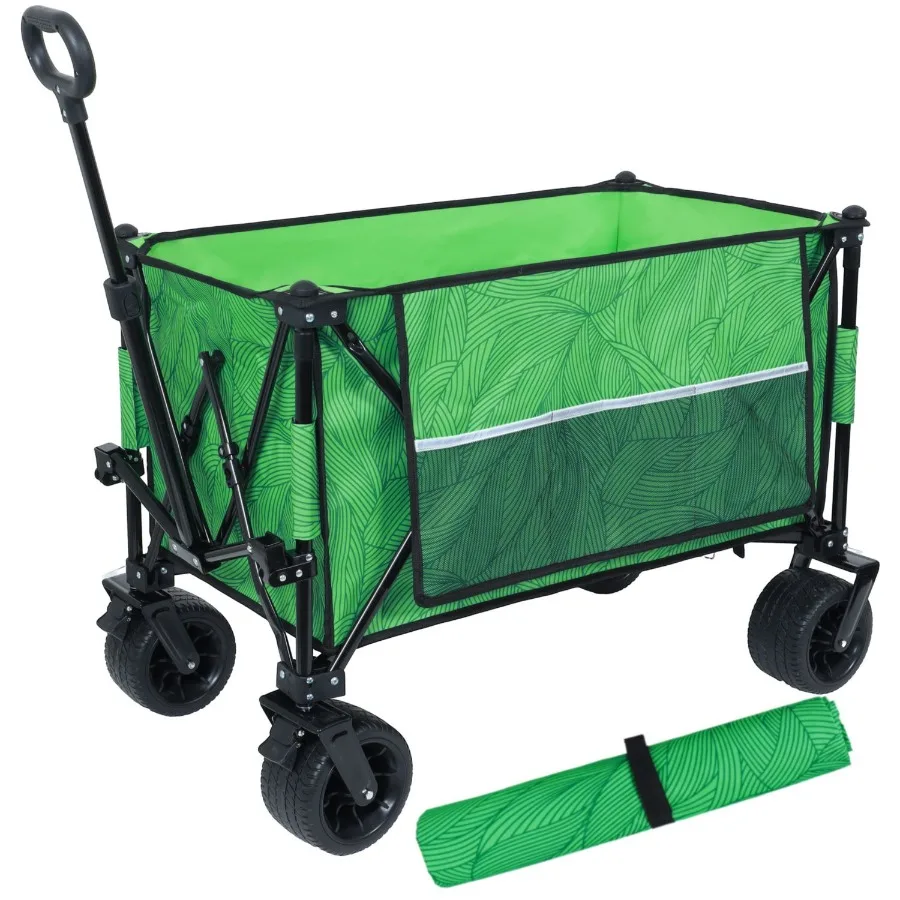 

HeavyDuty 480lbs Folding Wagon Cart with Bonus Picnic Mat AllTerrain Beach Wheels Drink Holders Brakes Side Pocket for Camping
