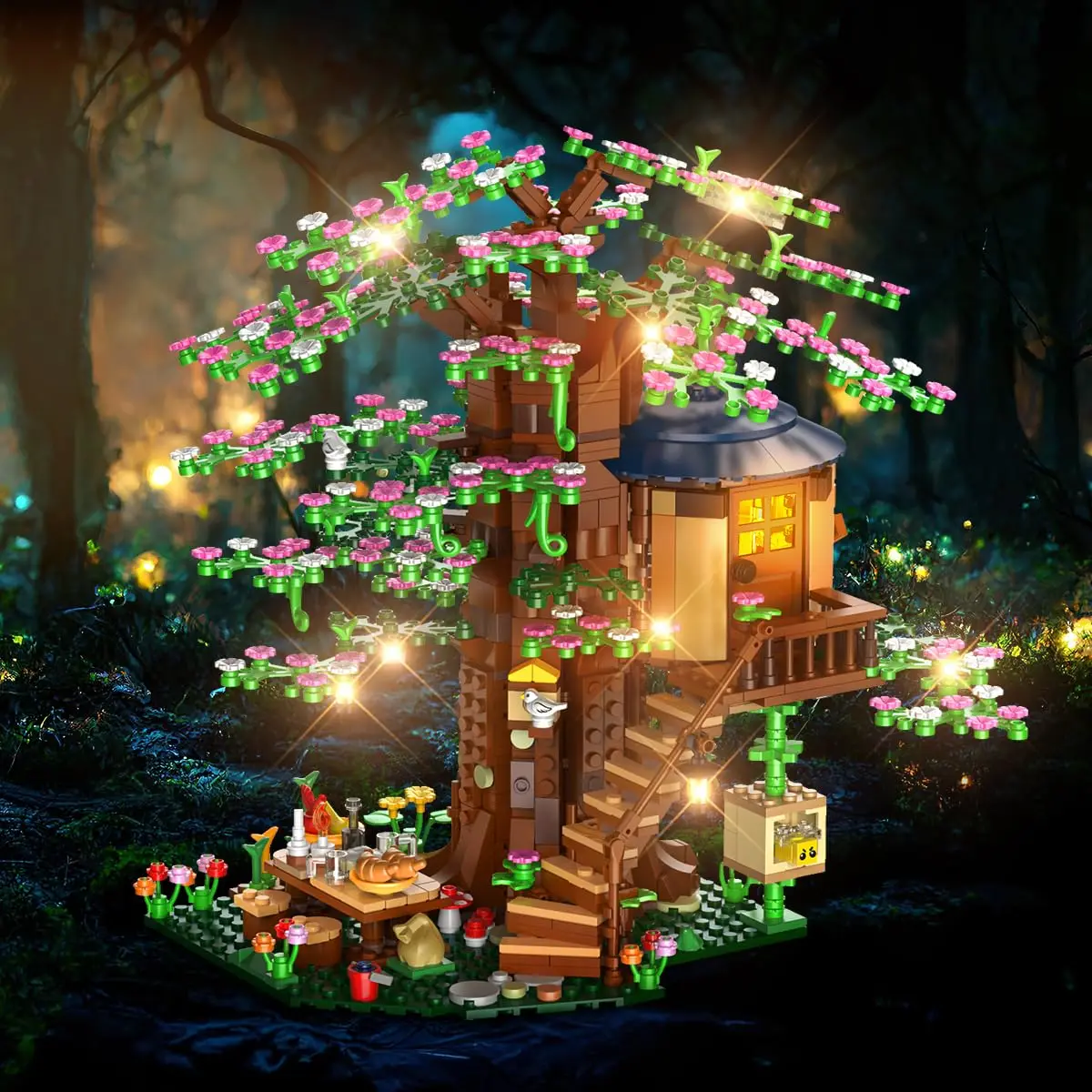 4 in 1 Baumhaus Gebäude Set mit LED-Blumen Baumhaus Spielzeug Wald Holzhaus Kit mit Vogel Biene Geschenk für Erwachsene Teenager Kinder 10