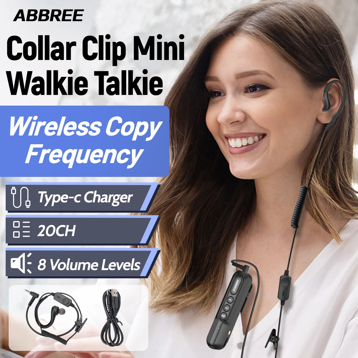 ABBREE AR-W5 Collar Clip Mini Walkie Talkie Wireless Copy Frequency Type-C Charger 20CH 8 Volume Levels Two Way Handsfree Radio
