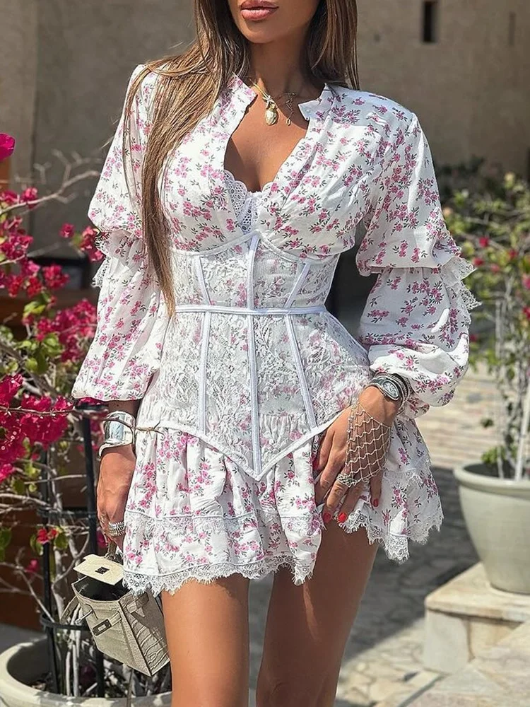 Ditsy Floral Print Lantern Sleeve Sweet Dress Women Lace Bandage Slim Waist Ruffles Mini Dress