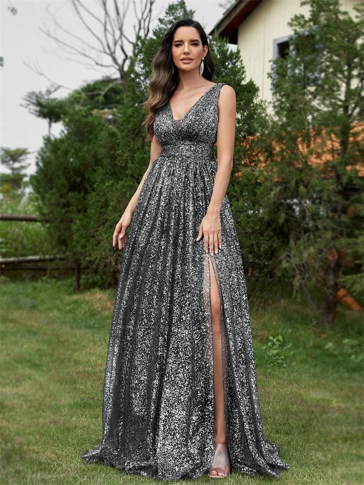 Luxury V-neck Sequins Evening Dress For Long Elegant Women Mermaid Party Mermaid Prom 2025 Split Cocktail Dress