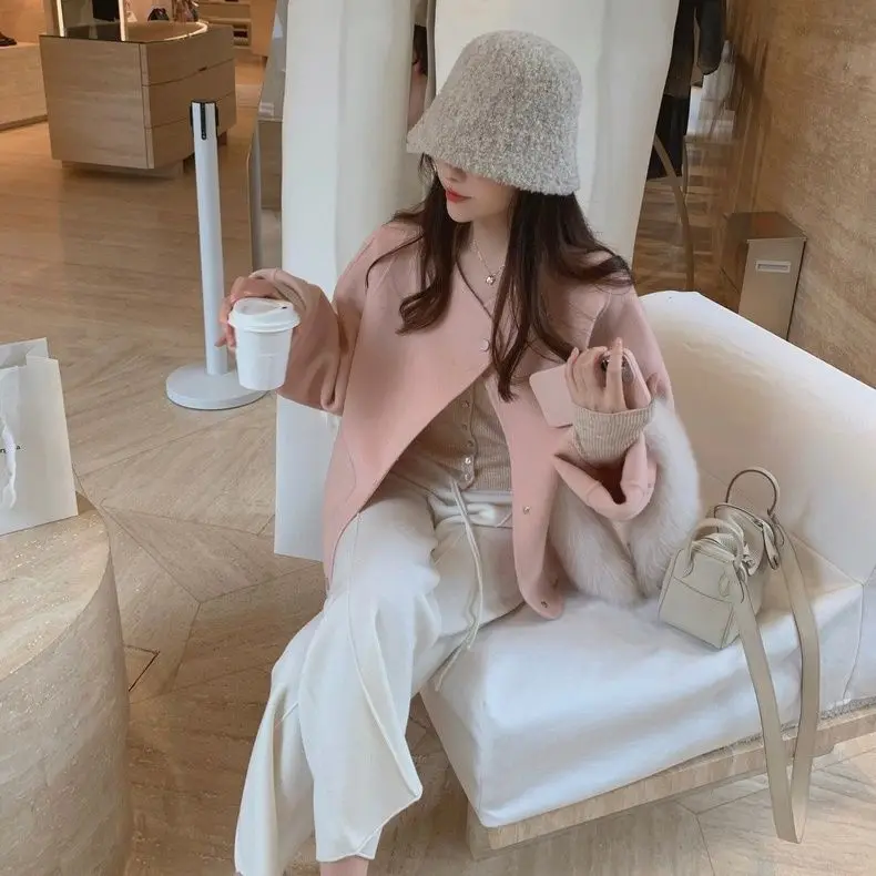 Korea Woolen Small Fragrance Pink Coat Women Solid Color Single Breasted Sweet Coats Korean Fashion Loose Cropped Jackets