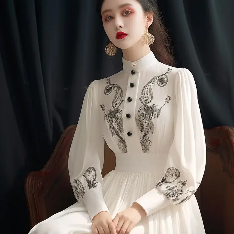 

Высококачественное французское темпераментное длинное платье в стиле богини с изысканным принтом для официальных мероприятий, банкетное платье, белое платье