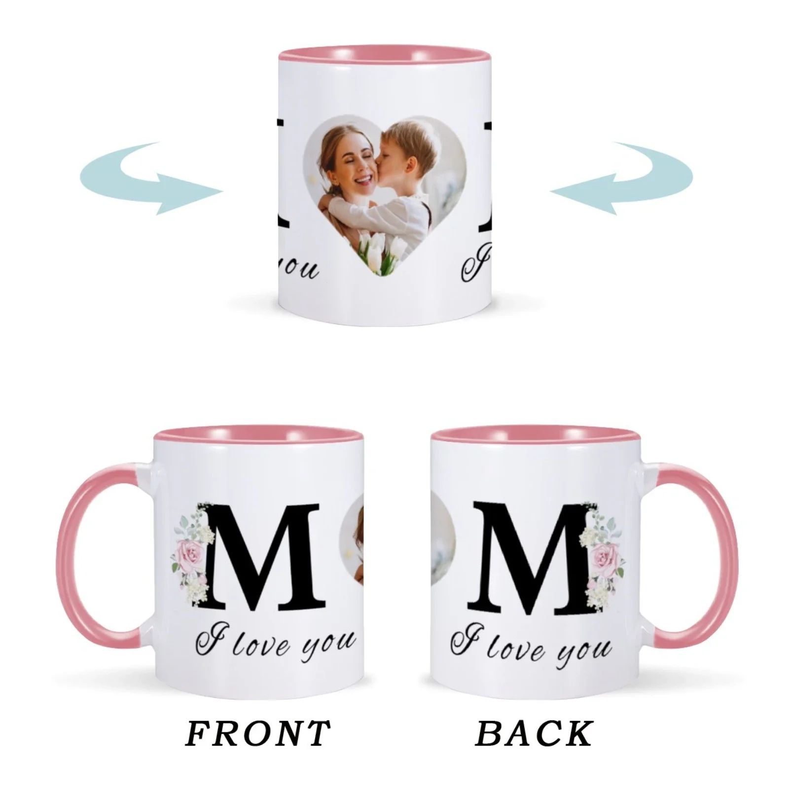 Custom Mom Heart Photo Mug Mother's Day Personalized Gifts Home Office Coffee Cup Floral Mugs for Mama Grandma from Son Daughter