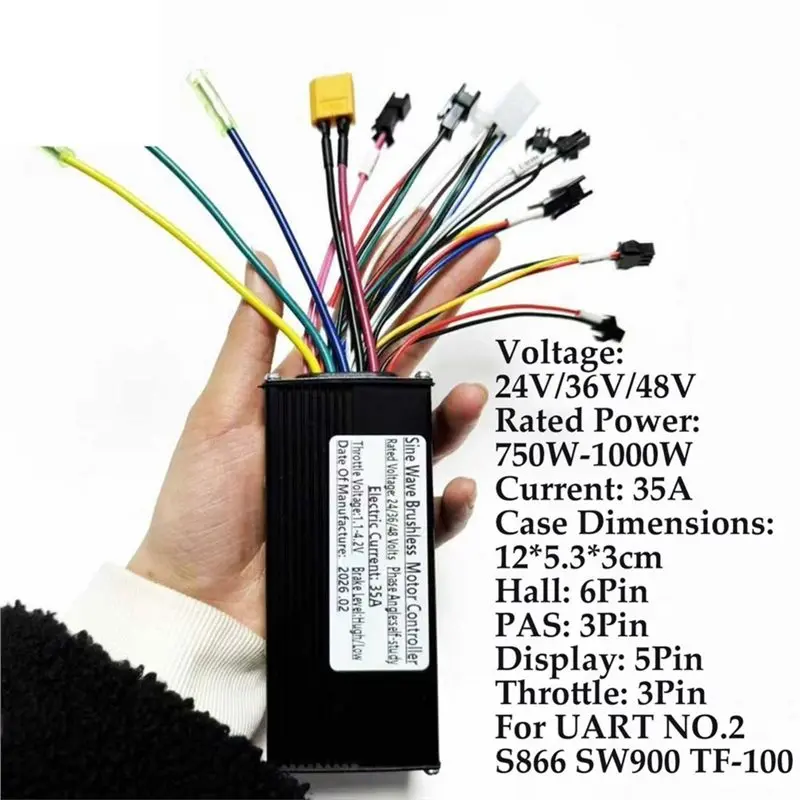 A64T-24V-48V E-Bike Sine Wave Controller Self-Learn 750W/1000W 35A 3-Mode For UART NO.2 S866 SW900 Display E-Scooter