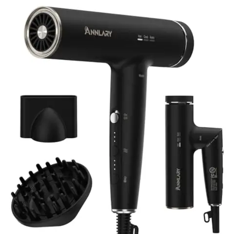 Hair Dryer Blow Dryer with Diffuser for Curly Hair Plasma Ionic Hairdryer for Frizz Control Low Noise Foldable for Travel 6.5Ft