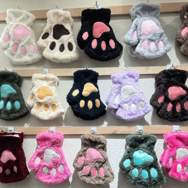 New Kawaii Women Warm Cat Gloves Fashion Girls Cat Claw Paw Plush Mittens Soft Plush Short Fingerless Half Finger Winter Gloves