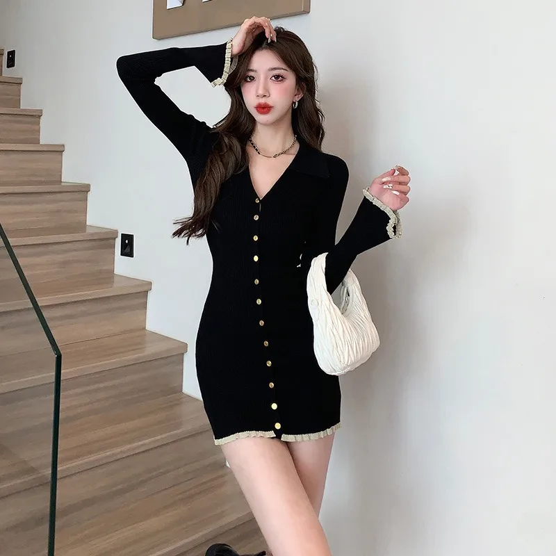 Long Sleeve Mini Dresses Women French Style V-neck Buttons Autumn Slim OL Elegant Temperament High Waist A-line Wrap Hip Sexy