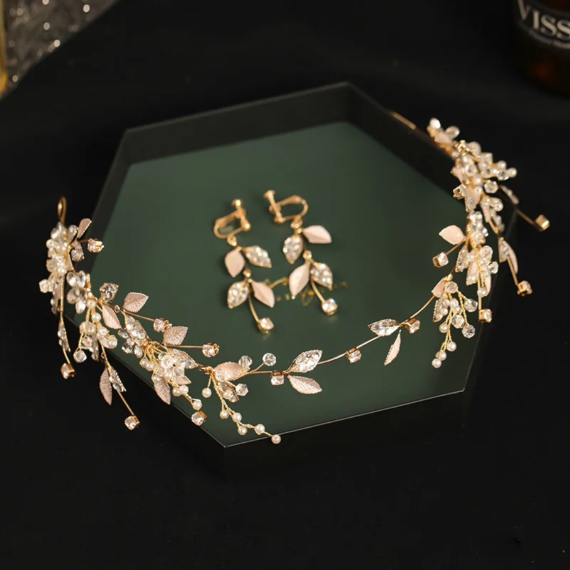 Bridal Headwear  Bride Wedding Veil Accessories Golden Bright Pink Flower Hot selling Crystal Headband & Earring Sets Wholesale