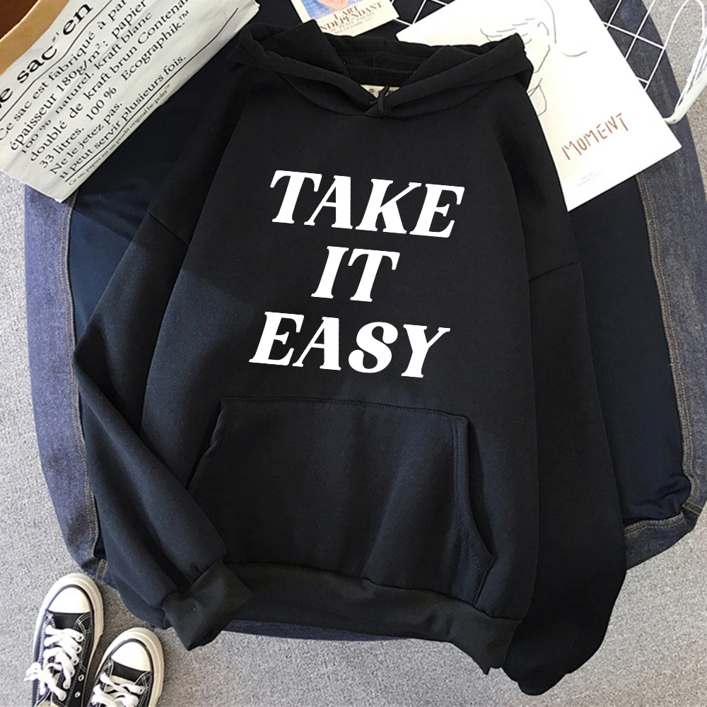 Hip Hop Pullover Clothes Fleece Crewneck New Hoody Take It Easy Letter Creative Hoodies For Women Personality Pocket Streetwear