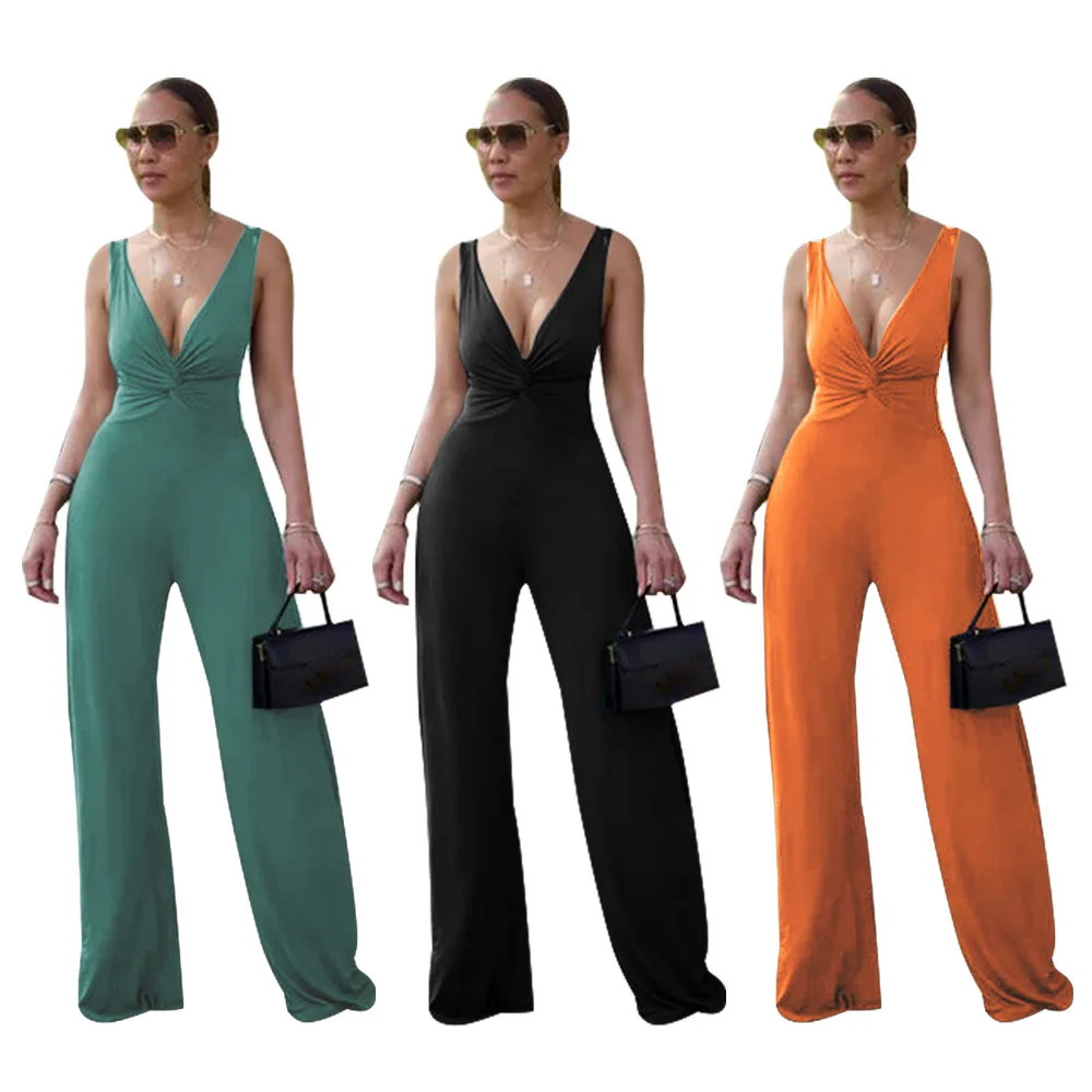 K10746 Women's Sexy Deep V Open Back Sleeveless Jumpsuit