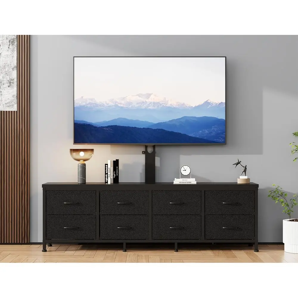 حامل تلفزيون خزانة مقاس 63 بوصة مع حامل، مركز ترفيه طويل من القماش مع 8 أدراج، طاولة وحدة تحكم الوسائط السوداء لـ Liv #2