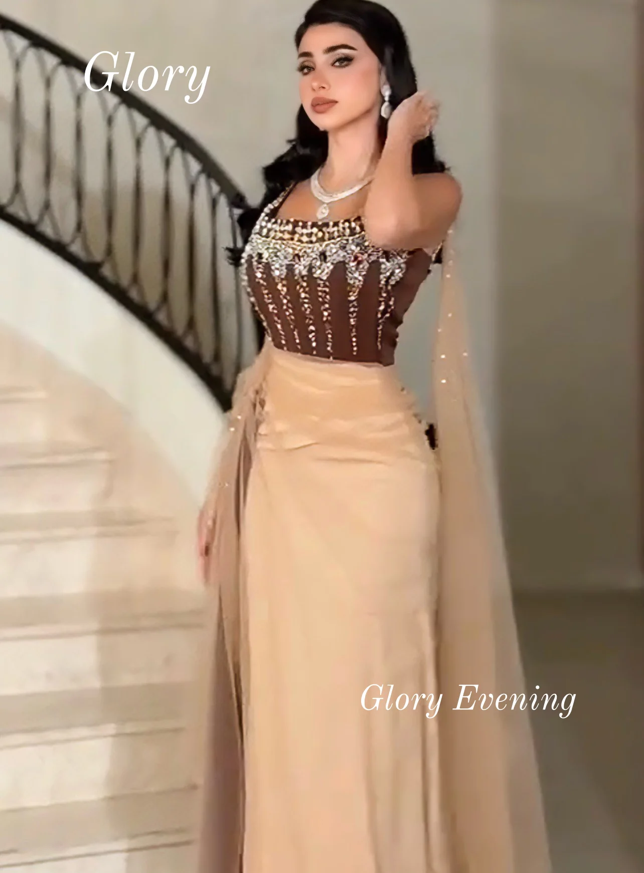 فساتين سهرة شيفون بكريستال بني مطوي فساتين لحضور الحفلات الموسيقية ترتر مطرز فستان عيد ميلاد سعودي فيستدوس دي غالا حسب الطلب