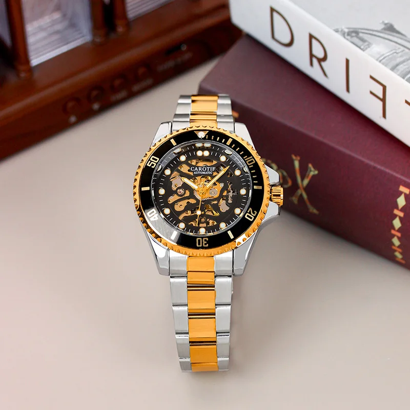 

Мужские двухцветные золотые и черные стальные ремешки, минималистичные деловые автоматические механические часы со скелетонизированным циферблатом