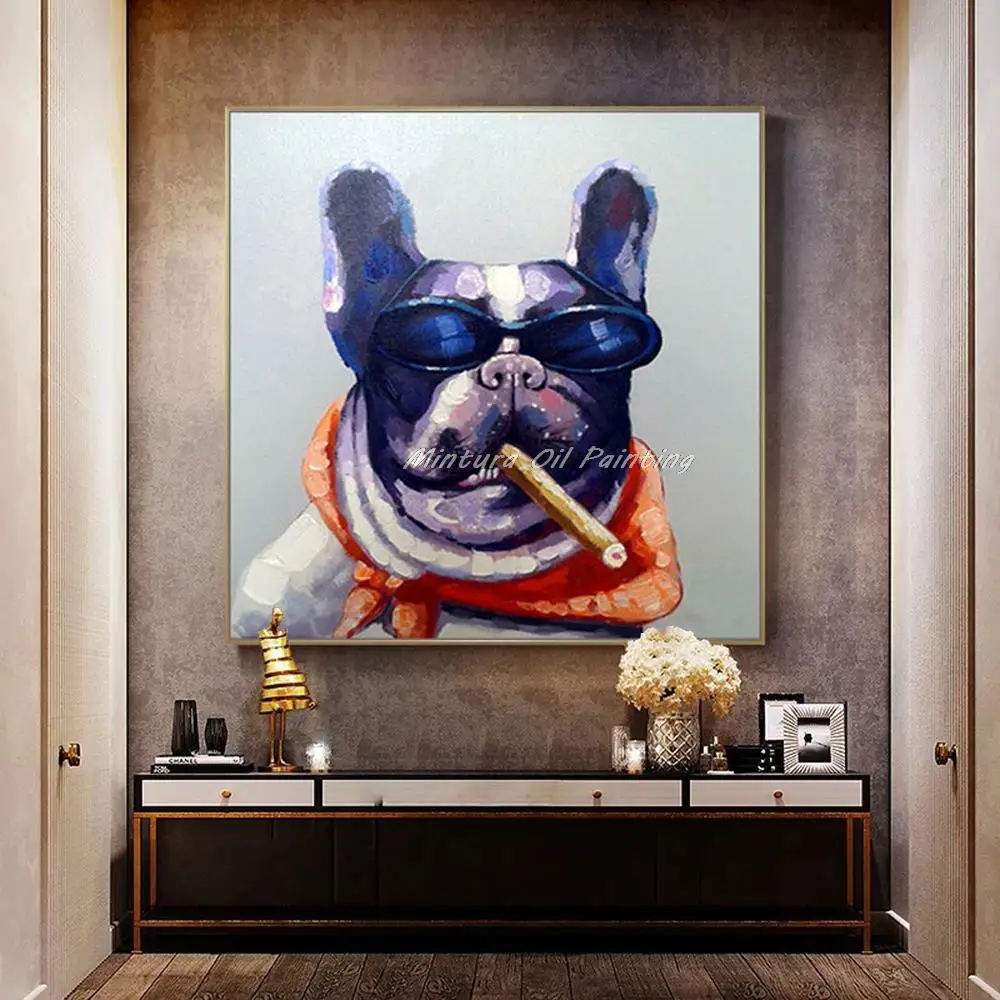 Mintura Pop Art Hand-Painted Abstract Smoking Dog Animal Oil Paintings On Canvas Modern Wall Pictures For Living Room Home Decor