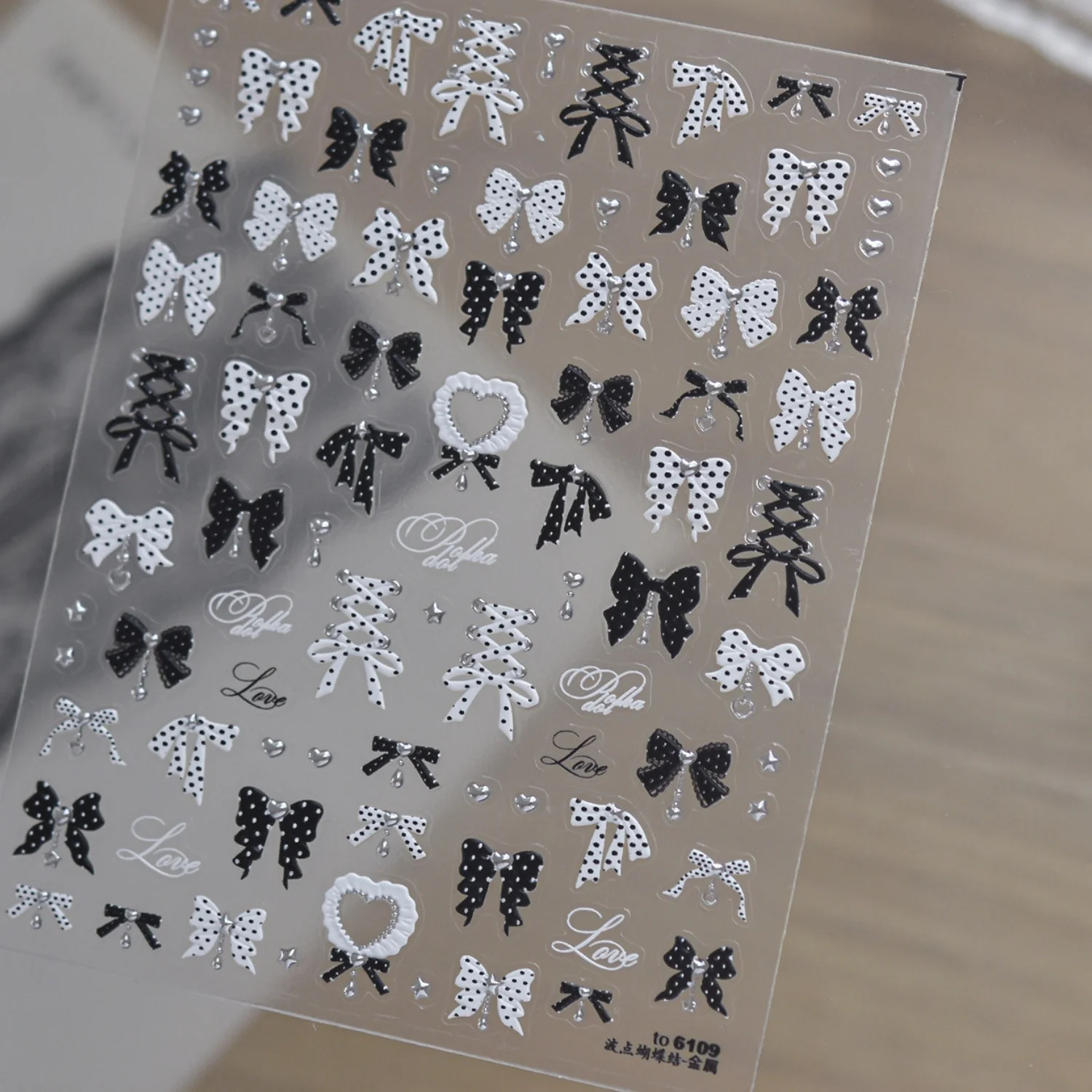 Sweet Black White Polka‑dot Ribbon Bow 5D Nail Art Stickers Dolka Love French Ballet Self‑Adhesive Nail Art Decals DIY Manicure