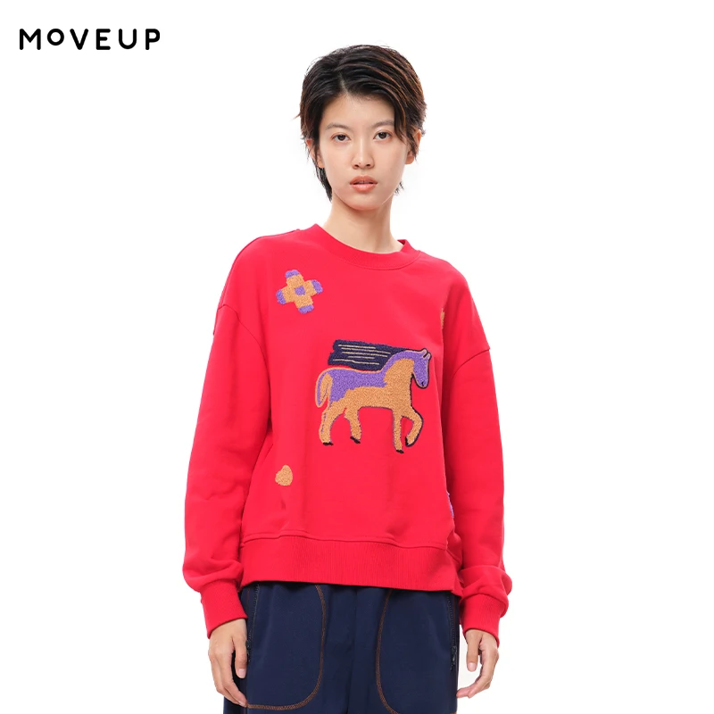 

MOVEUP Long Sleeved Round Neck Sweatshirt Winter Pure Cotton Horse Embroidery Drop Sleeves Commuting Women's Top 3EWD11413