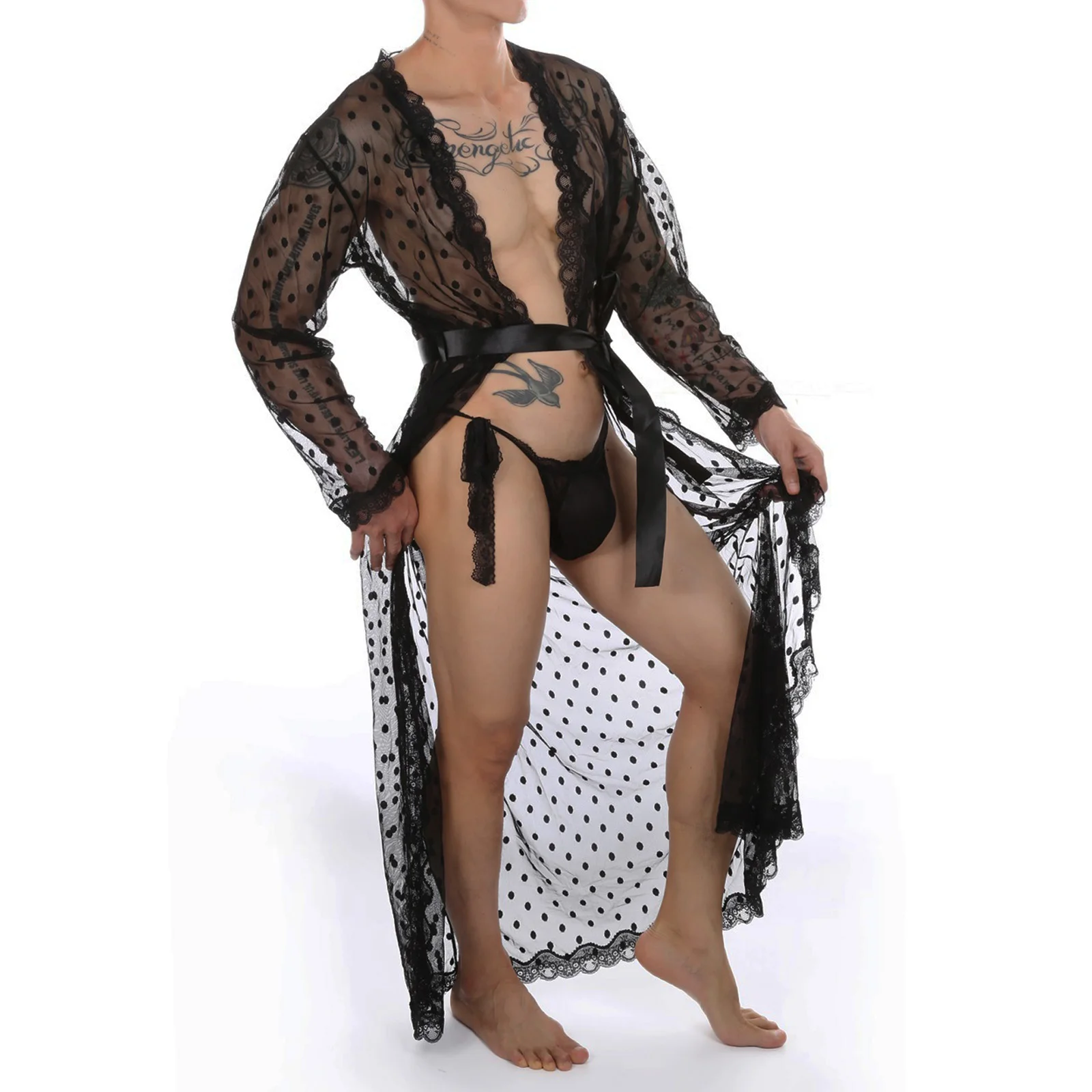 Sexy Lingerie Robe Lace Sheer Bathrobe Man Long Nightwear Erotic Sleepwear See Through Men Dressing Gown and Thong