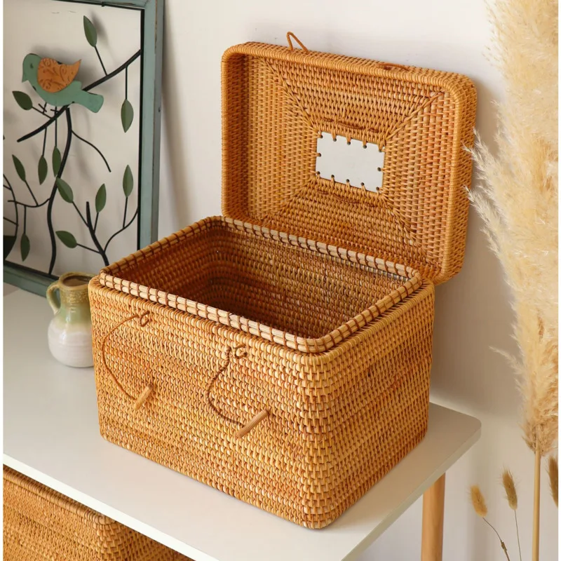 Portable Storage Basket with Cover, Home Organizer Boxes, Handmade Vine Weaving Tea Set Storage, Exquisite Practical Case