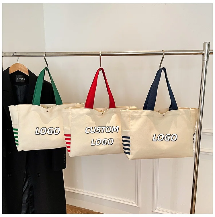 Custom Logo Canvas Tote Bag Side Striped Design Snap Button Closure Large Capacity Shoulder Handbag Multi‑Color Handles Work