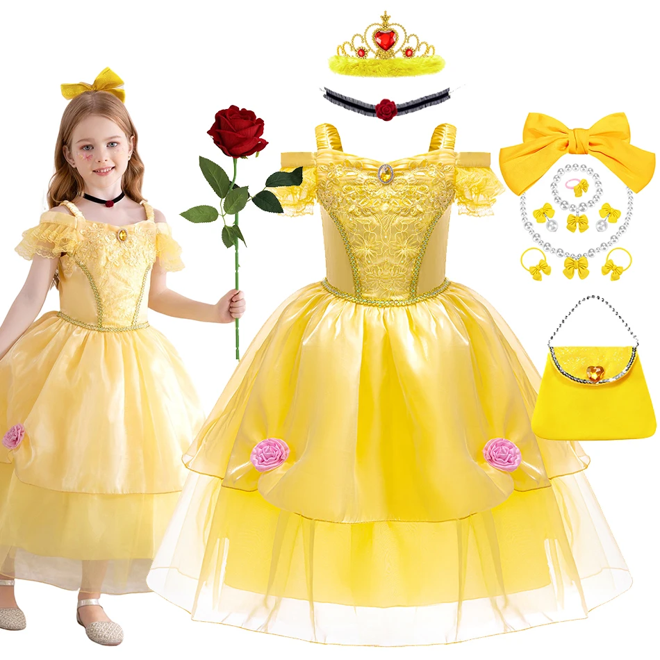 Cute Yellow Princess Dress Girl Belle Cosplay Costume Kids Carnival Purim Fantasy Outfits 2-10 Yrs Stage Performance Clothes