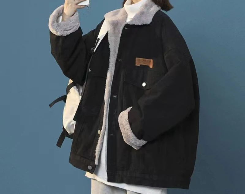 

Thick Denim Cotton Coat with Added Fleece Winter Loose Lamb Wool Cotton Coat Retro Cotton Coat