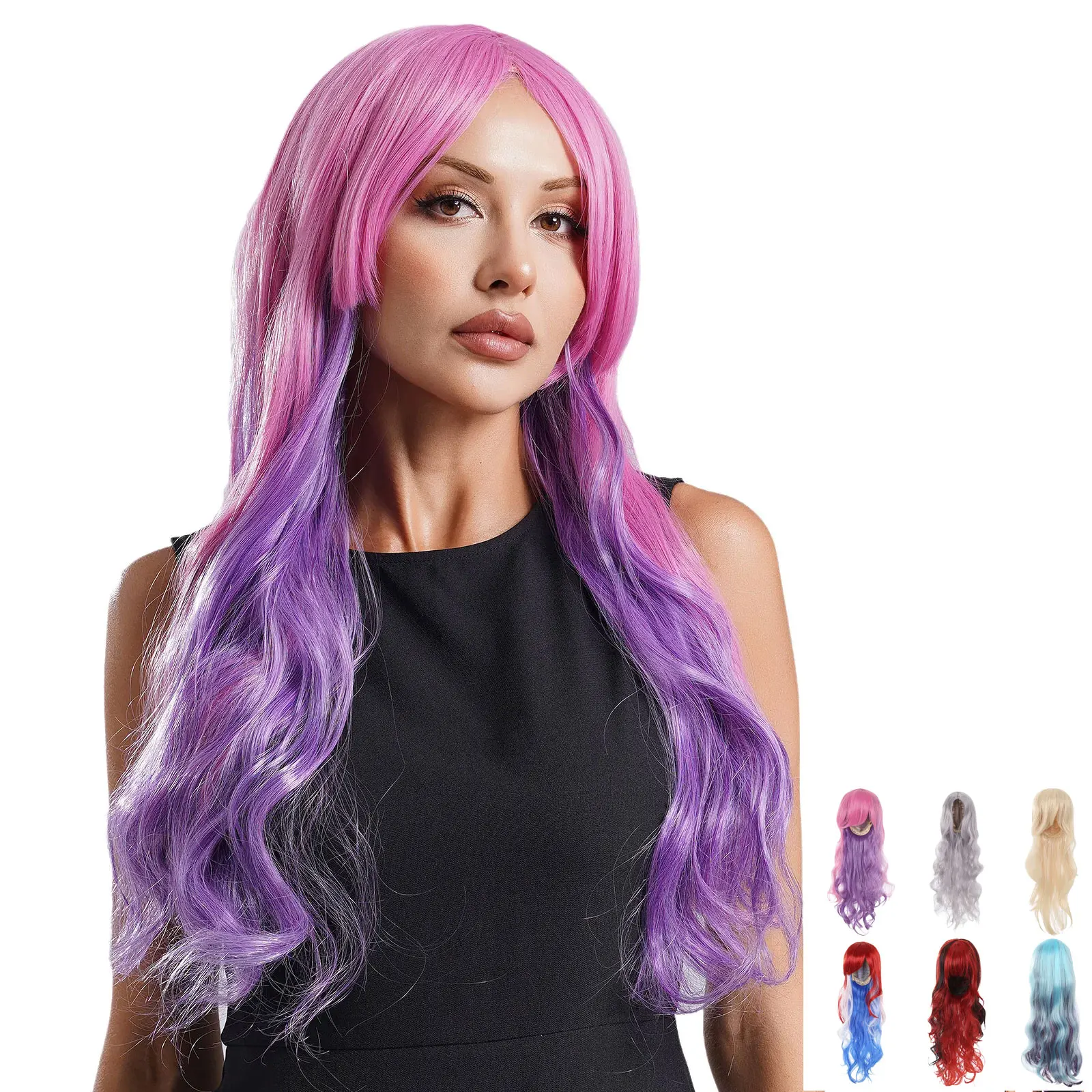 Japanese Anime Role Contrast Wig Women Red Blue Gradient Long Curly Hair Wig Comic Con Cosplay Accessory Halloween Party Wig Hat