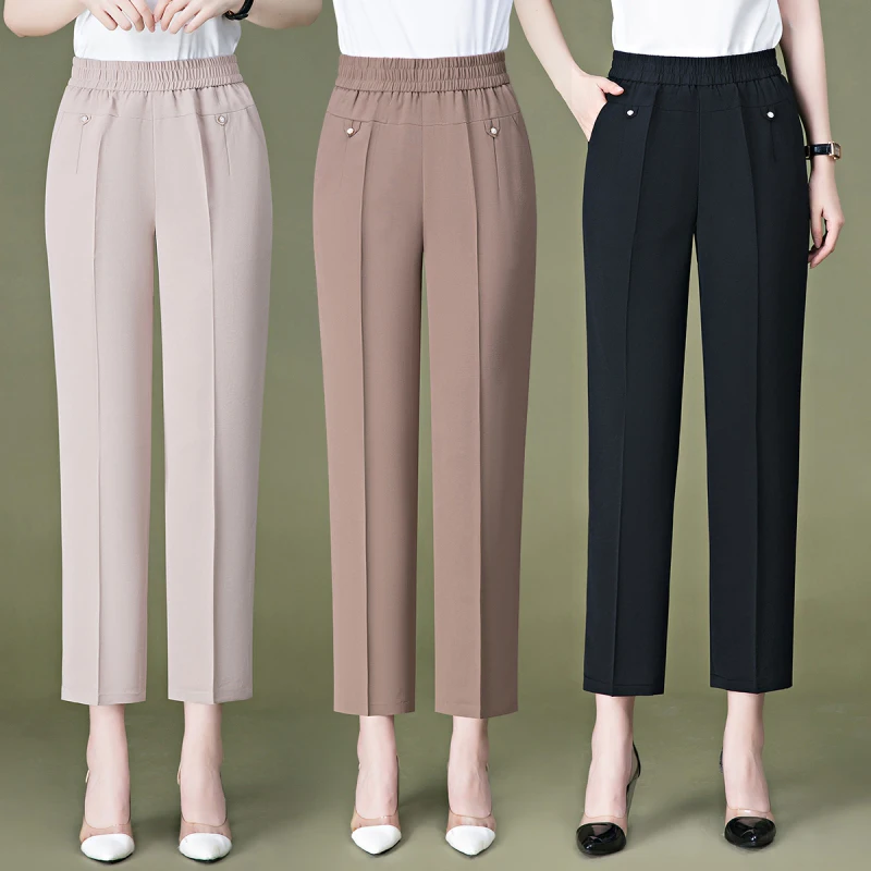 High End Fashion Temperament Versatile Women's Straight Pants Spring Solid Patchwork Pockets Elastic Waist Loose Casual Trousers