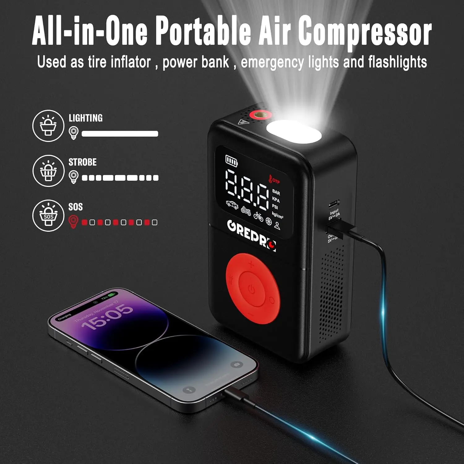 Portable Tire Inflator 160 PSI Air Compressor with Digital Gauge, LED Light & Adapters for Car, Motorcycle, Bike