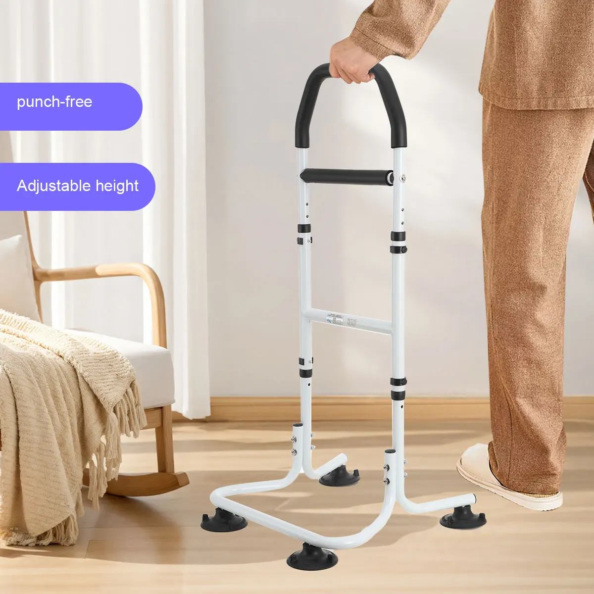 Support d'assistance pour personnes âgées, capacité de charge 200 kg, en alliage d'aluminium, accoudoir de lit et de toilette domestique, anti-chute, sans perçage, hauteur réglable sur 8 niveaux