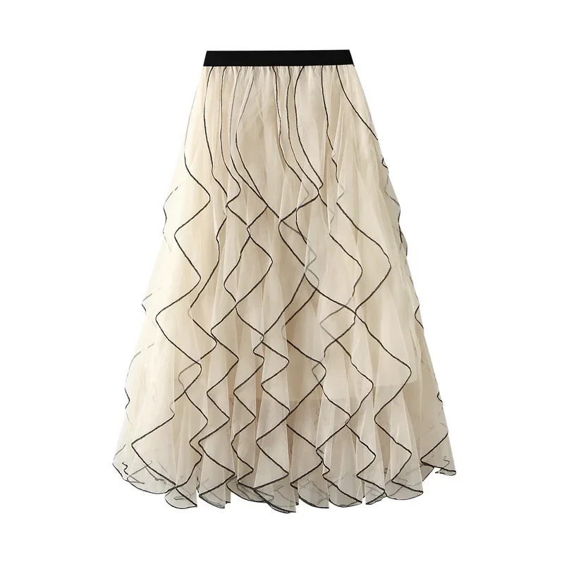 Wave Mesh Skirts High Waist Mid Length Women Loose Fashion A-Line Skirt Daily Casual Streetwear Female Spring Summer