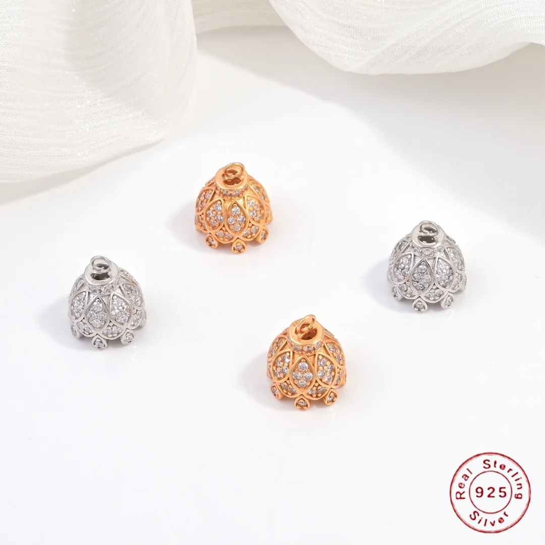 S925 Sterling Silver Inlaid Zircon Lotus Tassel Bead Cap Pendant, Suitable for Jewelry Making Accessories SM4