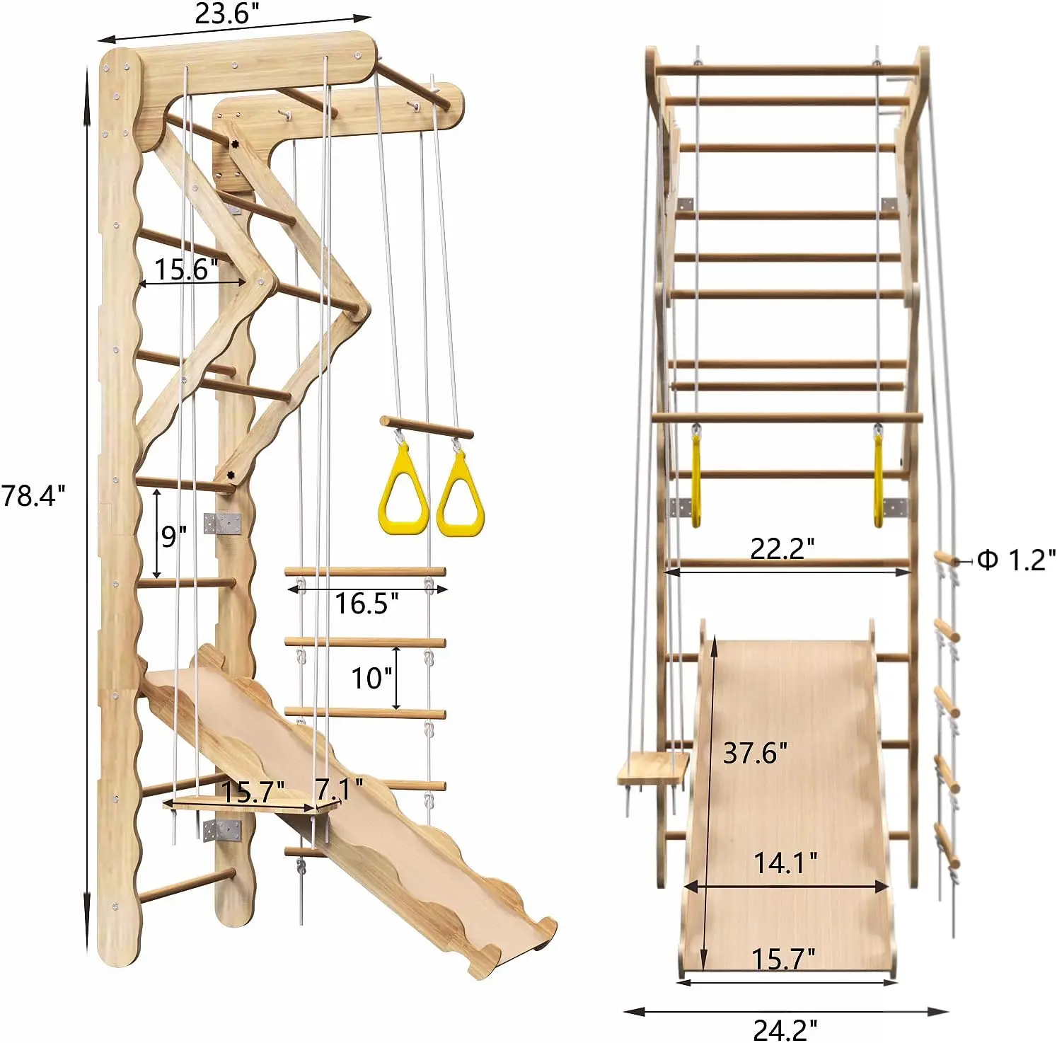 5-in-1 Wooden Indoor Jungle Gym for Kids, Wall-Mounted Swedish Ladder with Pull-Up Bar, Rings, Swing, and Slide – Montessori-Ins