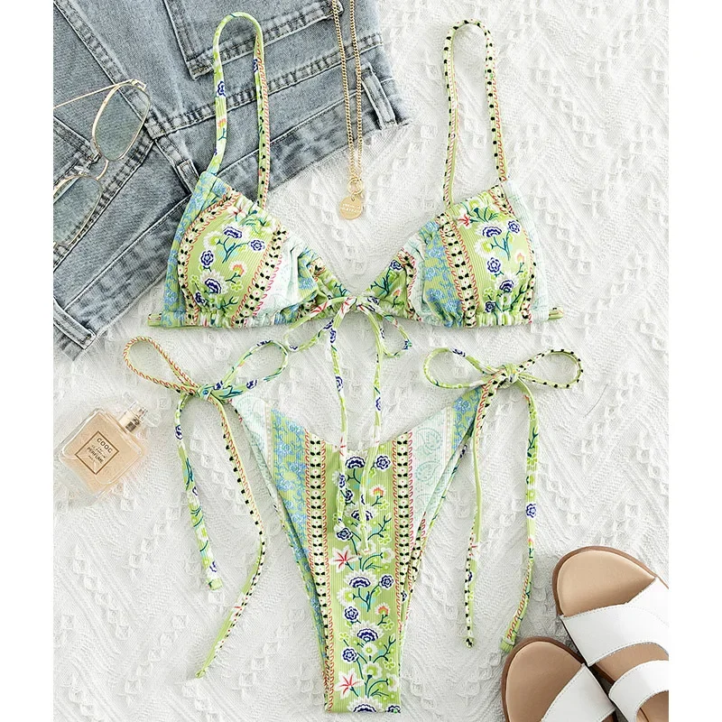 2022 Floral Print String Bandage Bikini Set Swimwear Women Summer Sexy Push Up Bathing Suit Beachwear Halter Biqiuni Swimsuit