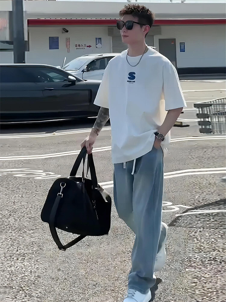 

Мужские летние джинсы свободного кроя в стиле American High Street, светло-голубые, с широкими штанинами, прямого кроя, повседневные, свободного покроя