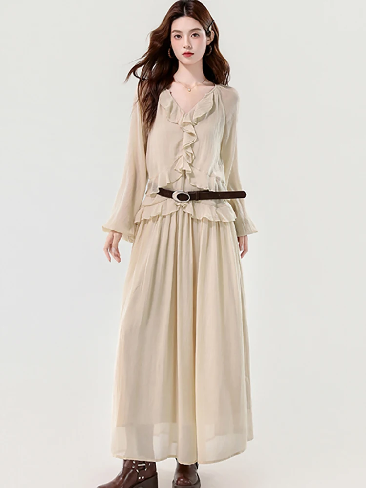 

Women Long Sleeve Chic Ruffled V-Neck Bandage Dress Autumn Korean Fashion Bodycon Casual Dress 2025 New Elegant Luxury Vestidos