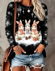 Women Long Sleeve T‑Shirt Christmas Cats With Hats Scarves Xmas Tree Snowflake Icicle Print Crew Neck Loose Casual Holiday Tops