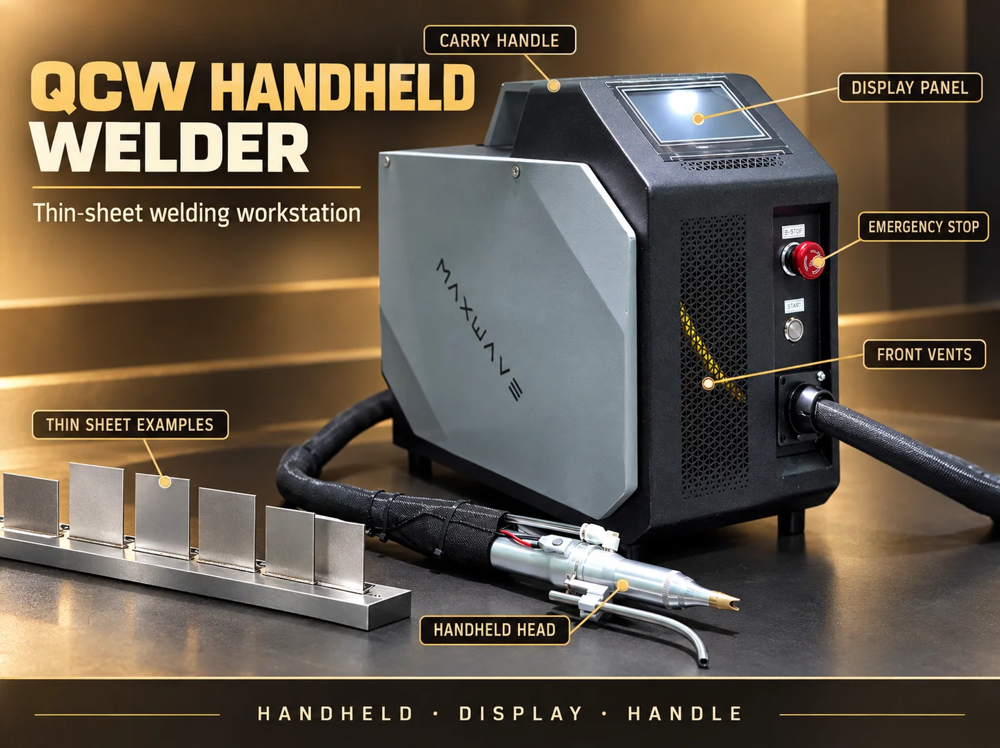 QCW Handheld Thin Sheet Welding Machine with Desktop Cabinet, Front Display and Welding Head