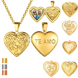 U7 Custom Photo Heart Locket Necklaces for Women Embossed Rose Flower Tree of Life Strips Heart Pendant Memorial Jewelry Gift