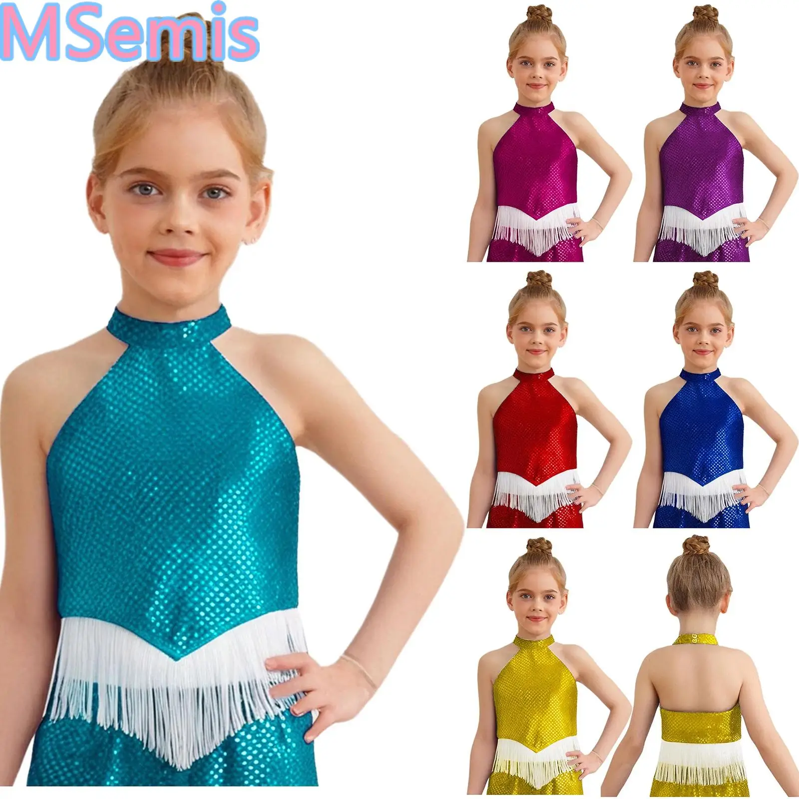 

Kids Girls Jazz Dance Tops Sparkling Sequins Halter Sleeveless Backless Irregular Tassels Hem Sparkling Sequins Crop Top