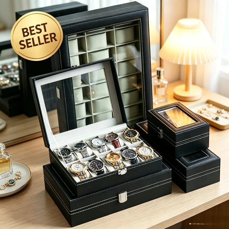 3/12 Slots PU Leather Watch Box With Glass Lid Watch Display Case Men Jewelry Storage Organizer Gift Box