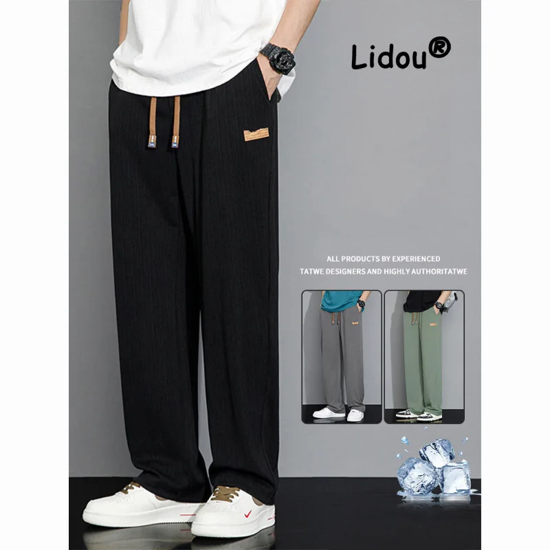 

Summer Thin Ice Silk Patch Men's Wide Leg Pants Classic Street Casual Loose Straight Cylinder Waist Drawstring Motion Trousers