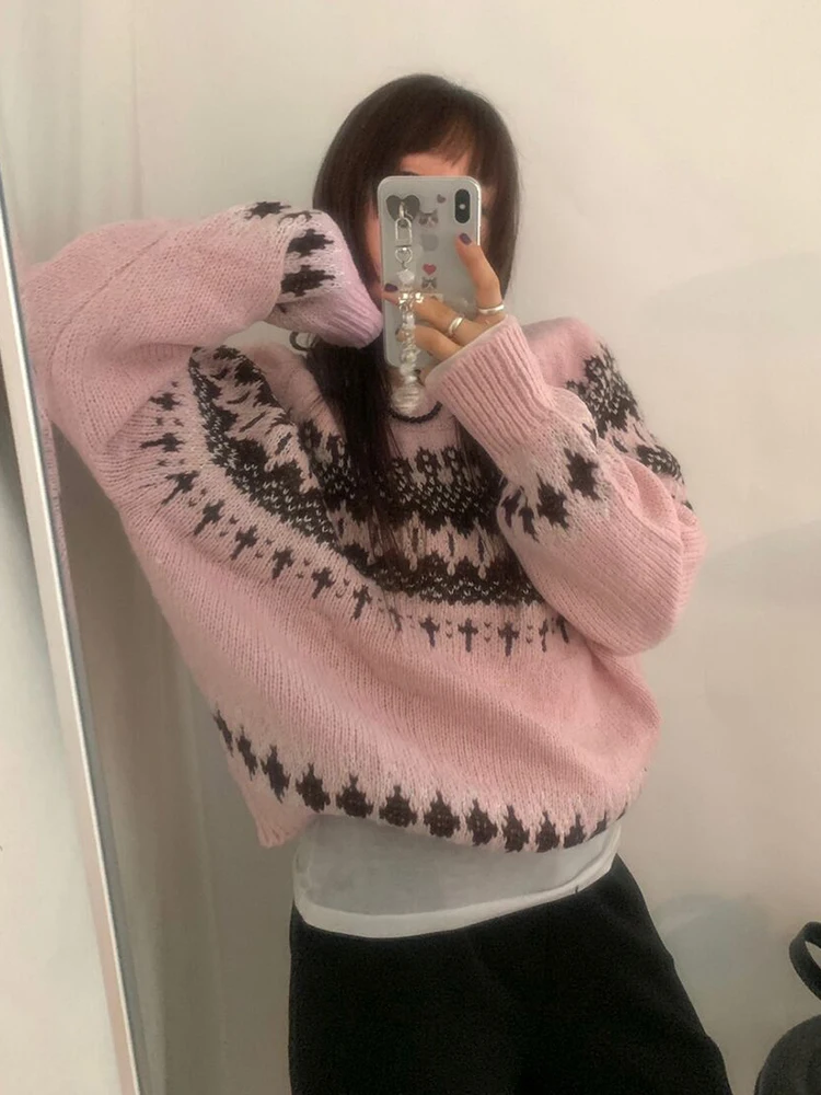 South korea Chic Winter Sweet Age-Reducing round Neck Jacquard Design Contrast Color Soft Glutinous All-Match Long sleeve Kni...